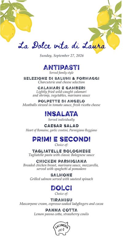 La Dolce Vita di Laura menu topped with hanging lemons