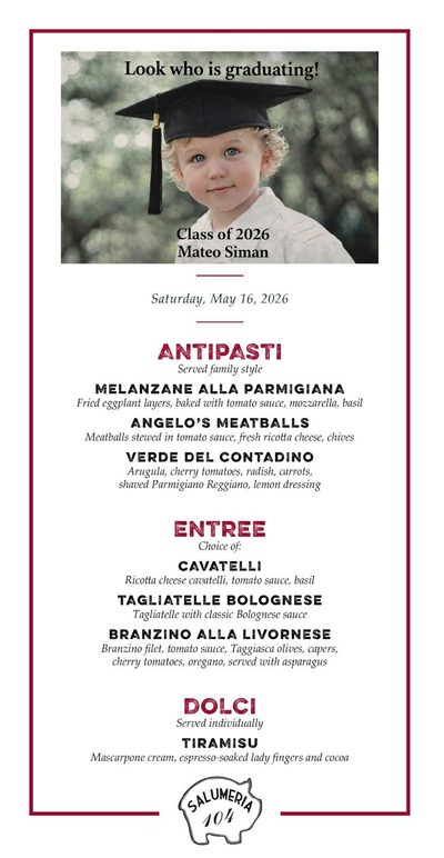 Graduation lunch menu with the graduate's photo at the top, Class of 2026