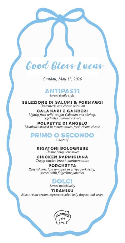 Baptism menu for Lucas framed by a light blue ribbon and bow