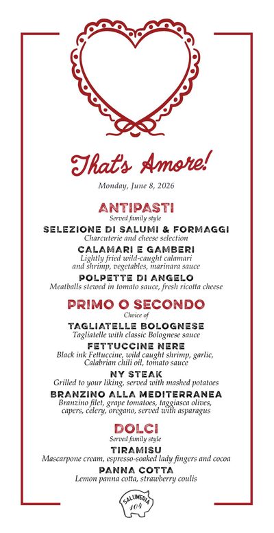 That's Amore menu inside a red lace heart frame with a red border