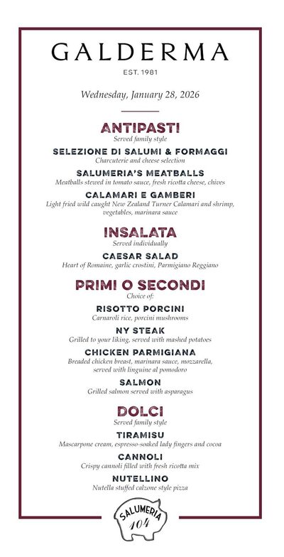 Corporate dinner menu printed with the Galderma company logo