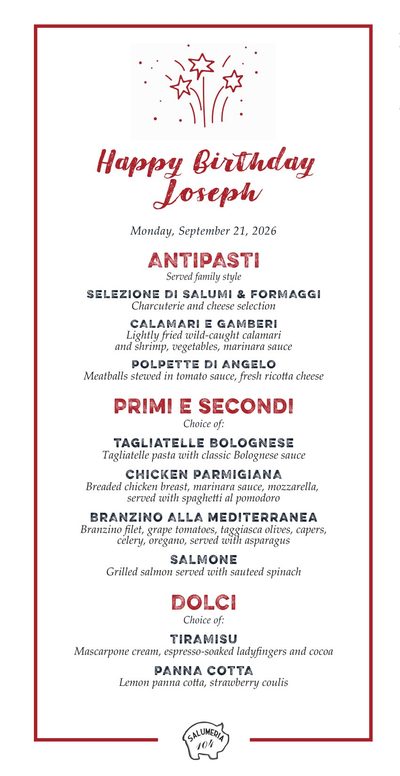Happy Birthday Joseph menu with red fireworks