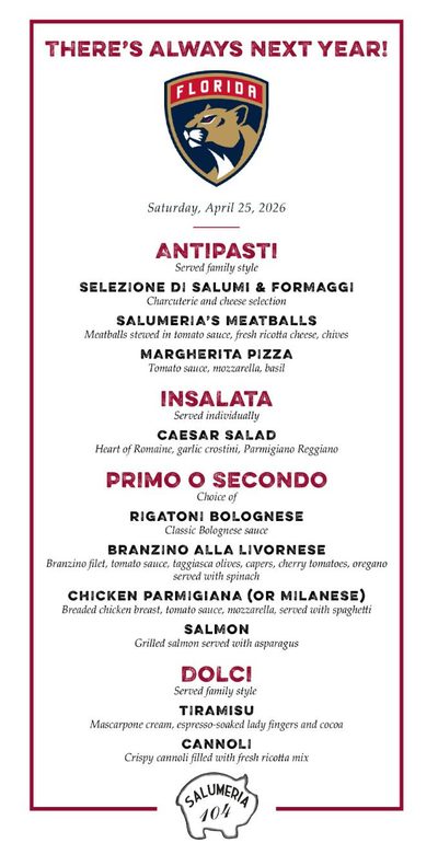 Hockey watch party menu headed There's Always Next Year with the Florida Panthers logo