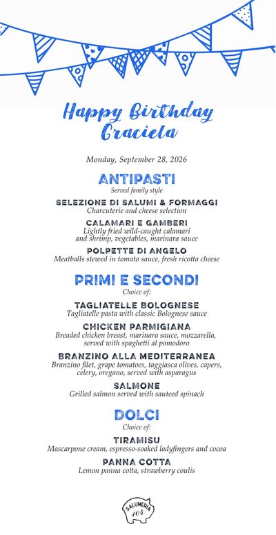 Happy Birthday Graciela menu with blue party bunting