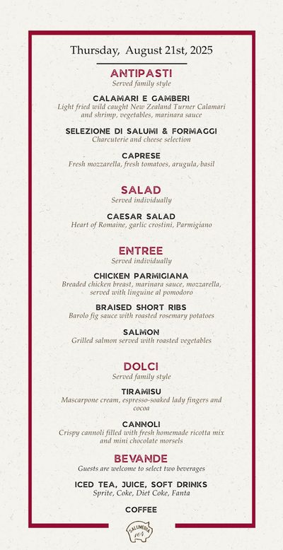 Event menu that lists the included beverages: iced tea, juice, soft drinks and coffee