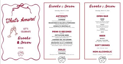 Matching set of printed pieces for Brooke and Aaron's celebration: a That's Amore card, the dinner menu and the open bar menu