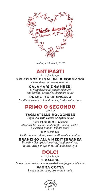 That's Amore menu for Eleonor and Paul with a floral heart wreath