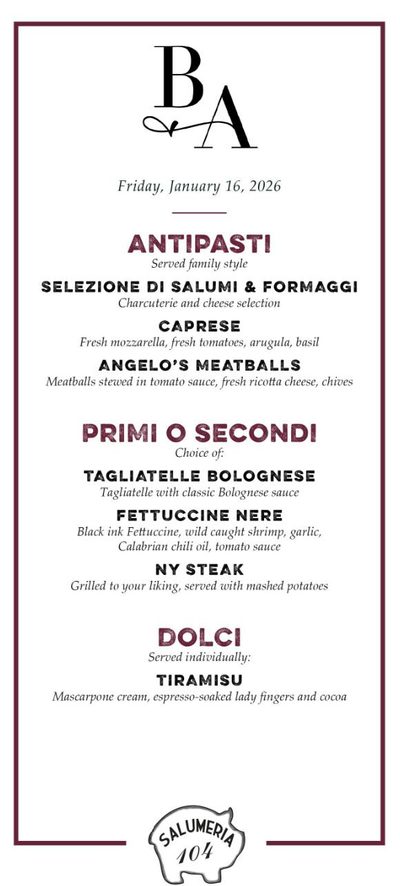 Wedding dinner menu printed with the couple's monogram, dated Friday, January 16, 2026