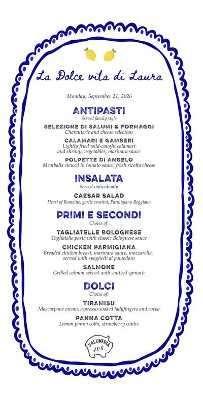 La Dolce Vita di Laura menu in a blue hand-painted scalloped frame