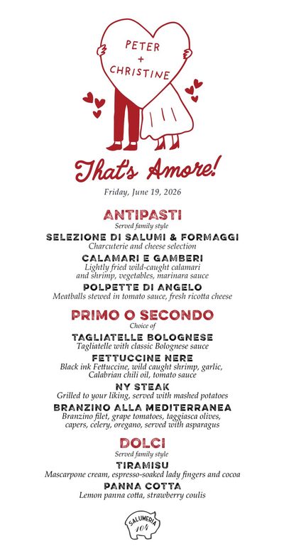That's Amore menu for Peter and Christine with a hand-drawn couple holding a heart