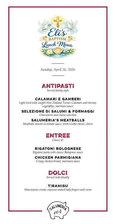 Baptism lunch menu with a custom illustrated title