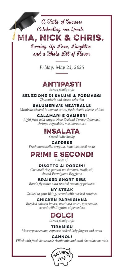 Graduation party menu titled A Taste of Success, celebrating three graduates by name