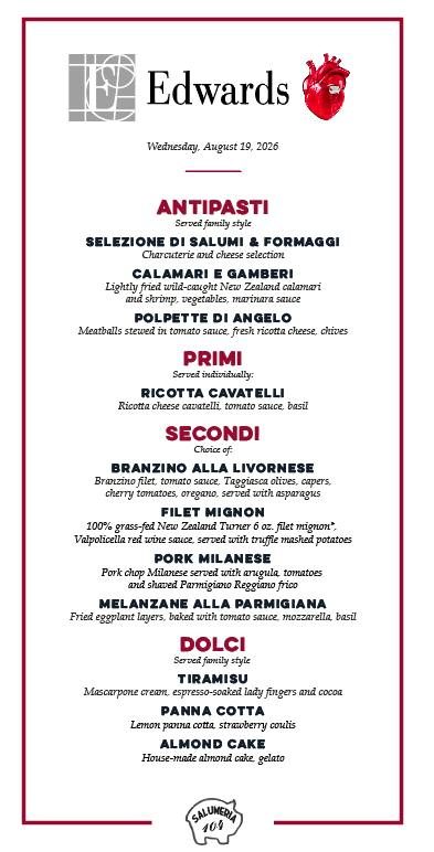 Corporate dinner menu printed with the Edwards company logo