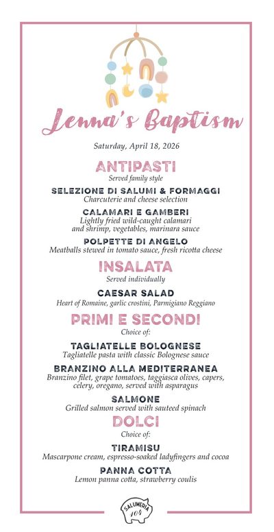 Lenna's Baptism menu with a pastel baby mobile and pink border