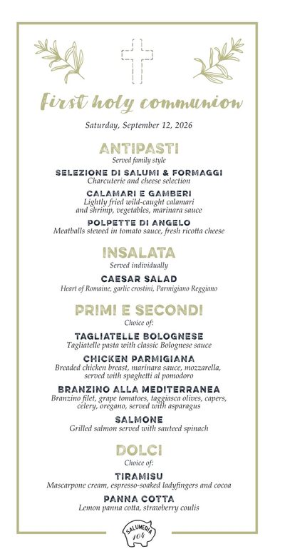 First Holy Communion menu with olive branches and a cross in sage green